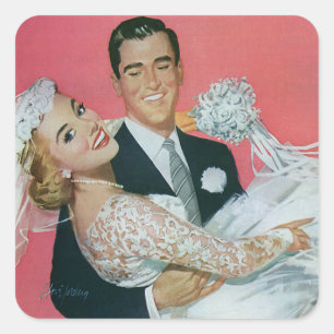 Vintage Wedding Newlyweds, Groom Carry Bridge Quadratischer Aufkleber