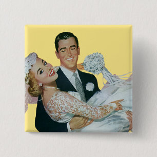 Vintage Wedding Newlyweds, Happy Bridge and Groom Button