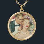 Vintage Wedding Portrait, Retro Bridge und Groom Vergoldete Kette<br><div class="desc">Vintage Illustration Liebe und romantisches Hochzeitsbild mit einem Blumenportrait mit Braut in ihrem Hochzeitskleid und dem Bräutigam in seinem Smoking,  umgeben von rosa-weißen Blume.</div>