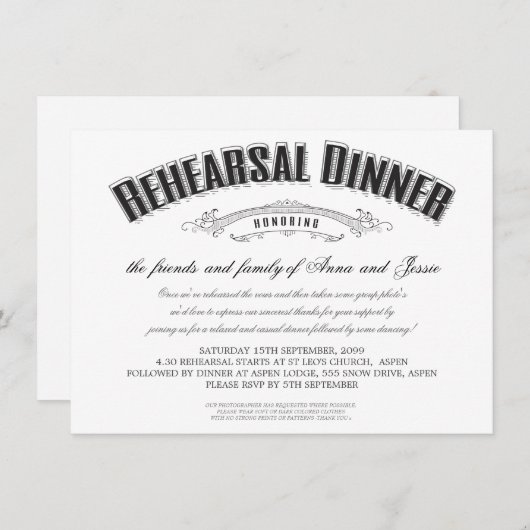 Vintage Wedding Probe Dinner Einladung (Vorne/Hinten)