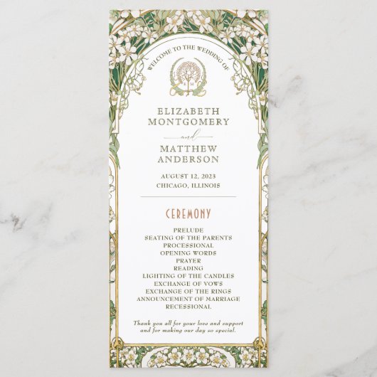 Vintage Wedding Programm Elfenbein, Grün & Gold (Vorderseite)