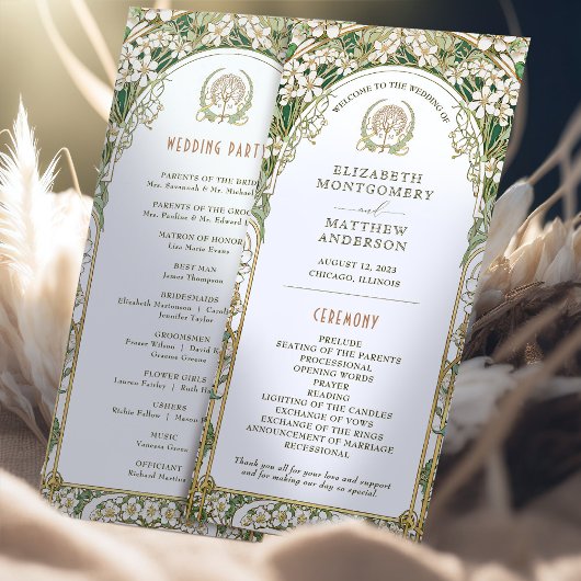 Vintage Wedding Programm Elfenbein, Grün & Gold