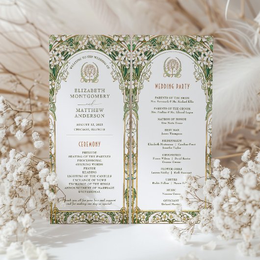 Vintage Wedding Programm Elfenbein, Grün & Gold