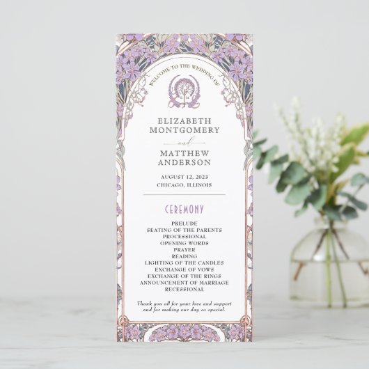 Vintage Wedding Programm Elfenbein, Pflaume & Gold (Stehend Vorderseite)