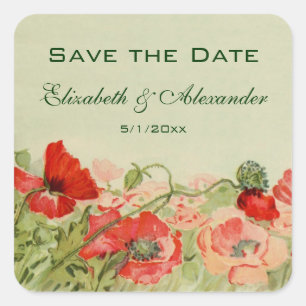 Vintage Wedding, Red Poppies Blume Save the Date Quadratischer Aufkleber
