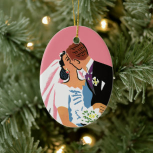 Vintage Wedding, Retro Bridge und Groom Kissing Keramik Ornament