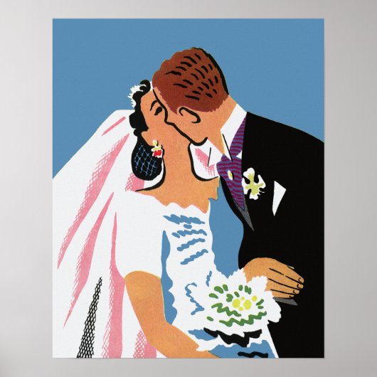 Vintage Wedding, Retro Bridge und Groom Kissing Poster (Vorne)