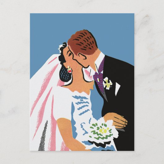 Vintage Wedding, Retro Bridge und Groom Kissing Postkarte (Vorderseite)
