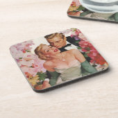 Vintage Wedding, Retro Bridge und Groom Newlyweds Untersetzer (Linke Seite)