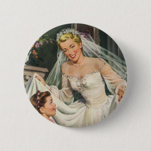 Vintage Wedding, Retro Bridge with Flower Girl Button