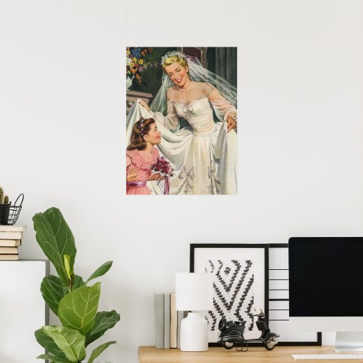 Vintage Wedding, Retro Bridge with Flower Girl Poster (Heimbüro)