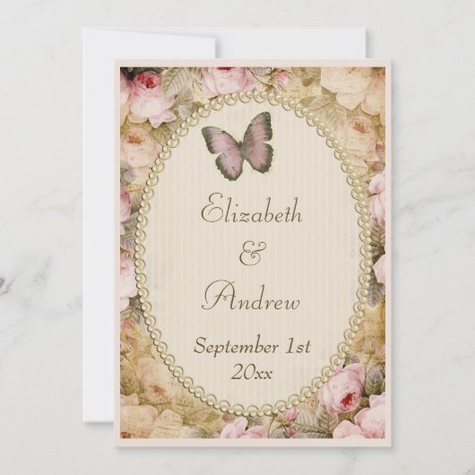Vintage Wedding Rose Butterfly, Musiknoten Einladung (Vorderseite)