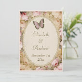 Vintage Wedding Rose Butterfly, Musiknoten Einladung (Stehend Vorderseite)
