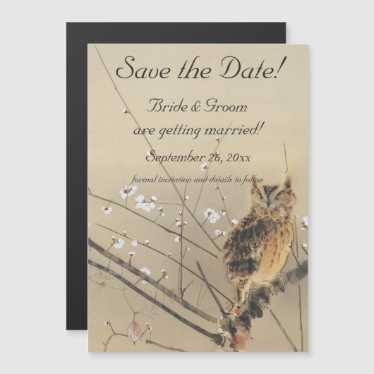 Vintage Wedding Save the Date, Japanisches Owl Magneteinladung (Vorne/Hinten)