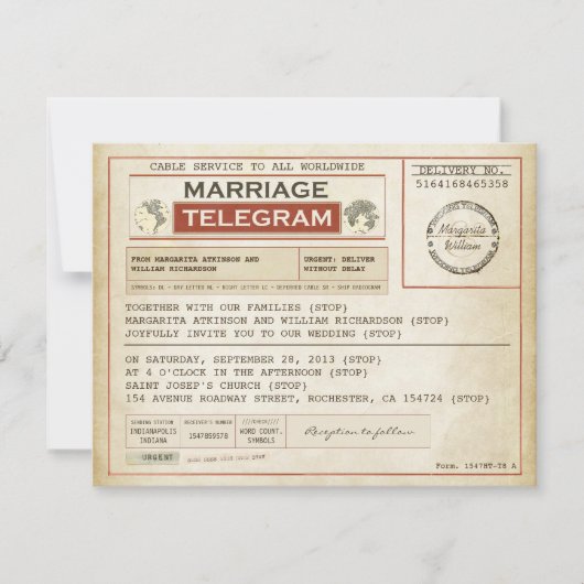 Vintage WEDDING Telegramme Einladung (Vorderseite)