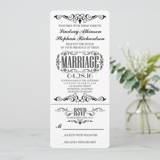 Vintage Wedding Ticket Einladung (Stehend Vorderseite)