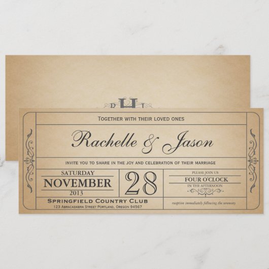 Vintage Wedding Ticket Einladung (Vorne/Hinten)
