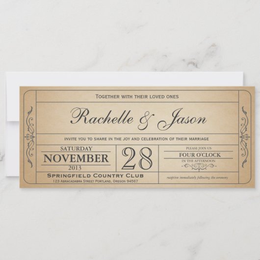 Vintage Wedding Ticket Einladung (Vorderseite)