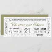 Vintage Wedding Ticket Einladung in Olive Green (Vorne/Hinten)