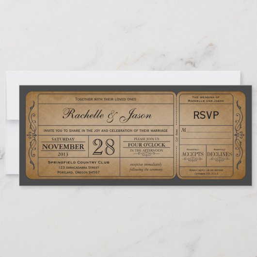 Vintage Wedding Ticket Einladung mit UAWG (Vorderseite)