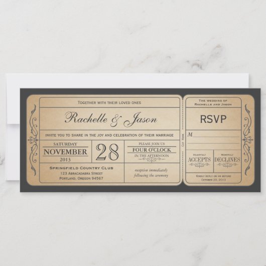 Vintage Wedding Ticket Einladung mit UAWG (Vorderseite)
