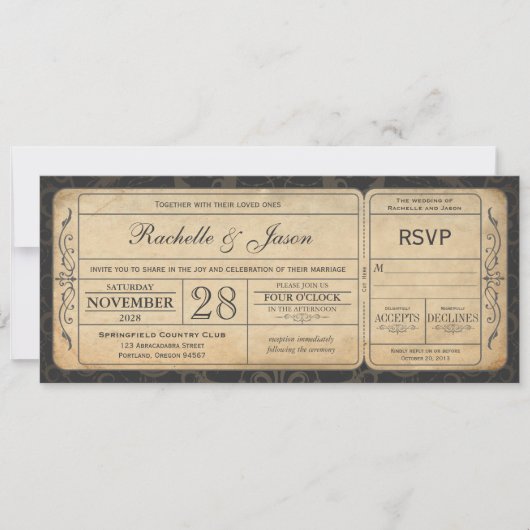 Vintage Wedding Ticket Einladung mit UAWG 3.0 (Vorderseite)