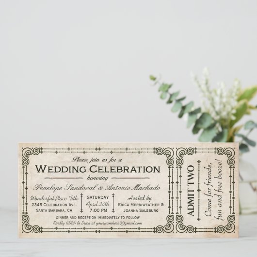 Vintage Wedding Ticket Einladungen I (Stehend Vorderseite)