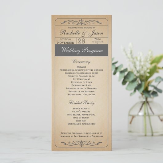 Vintage Wedding Ticket Programm (Stehend Vorderseite)