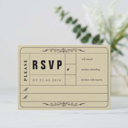 Vintage Wedding Ticket RSVP Card (Stehend Vorderseite)