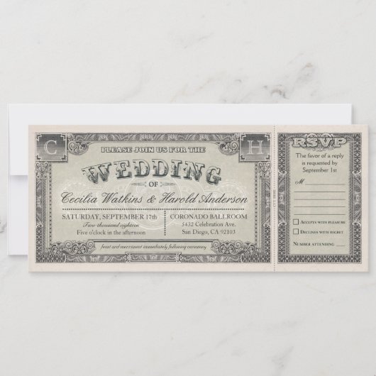 Vintage Wedding Tickets mit RSVP Cards v.2 Einladung (Vorderseite)