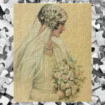 Vintage Wedding, Viktorianisch Bride Bridal Portra Puzzle<br><div class="desc">Vintage Abbildung Viktorianische Hochzeitspassage-Design mit der Braut im Profil. Die schöne Braut ist in ihrem Hochzeitskleid mit einem Schleier,  der einen Blumenstrauß weißer Blume hält.</div>