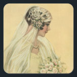 Vintage Wedding, Viktorianisch Bride Bridal Portra Quadratischer Aufkleber<br><div class="desc">Vintage Abbildung Viktorianische Hochzeitspassage-Design mit der Braut im Profil. Die schöne Braut ist in ihrem Hochzeitskleid mit einem Schleier,  der einen Blumenstrauß weißer Blume hält.</div>
