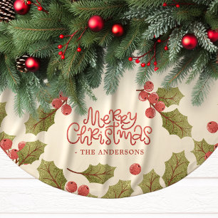Vintage-Weihnachten-Aquarell-Stechpalmenblätter-Mo Polyester Weihnachtsbaumdecke
