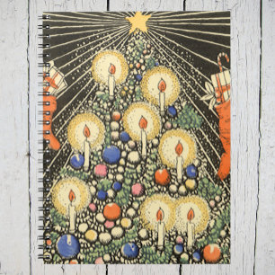 Vintage Weihnachten, Baum mit Kerzen und einem Ste Notizblock