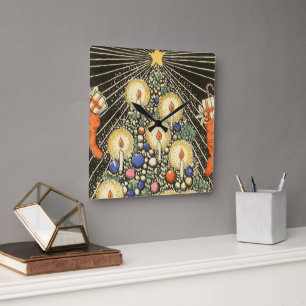 Vintage Weihnachten, Baum mit Kerzen und einem Ste Quadratische Wanduhr