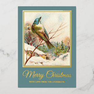 Vintage Weihnachten Blauer Vogel im Winterschnee Folien Feiertagskarte