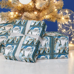 Vintage Weihnachten, blauer Weihnachtsmann mit Sch Geschenkpapier