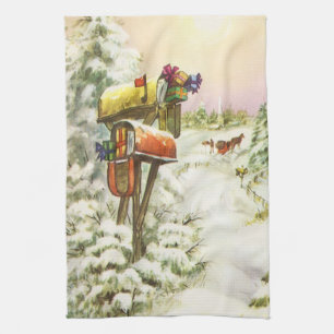Vintage Weihnachten, Briefkästen in Winterlandscha Geschirrtuch