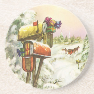 Vintage Weihnachten, Briefkästen in Winterlandscha Getränkeuntersetzer