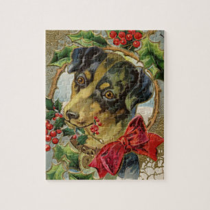 Vintage Weihnachten, Dachshund-Welpe mit Stechpalm Puzzle
