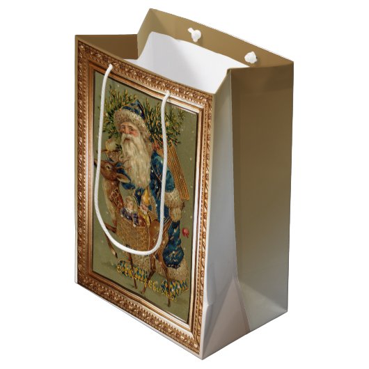 Vintage Weihnachten des Vaters mit Rentier Mittlere Geschenktüte (Vorderseite Schrägansicht)