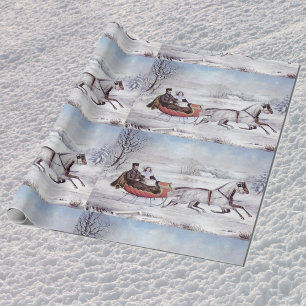 Vintage Weihnachten, Die Straße Winter, Schlittenp Geschenkpapier