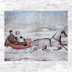 Vintage Weihnachten, Die Straße Winter, Schlittenp Puzzle