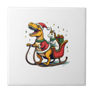 Vintage-Weihnachten-Dinosaurier-Einhorn-Schlitten- Fliese