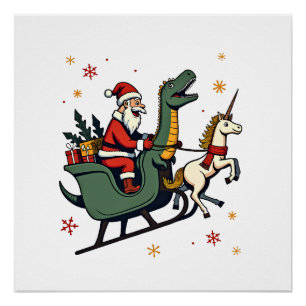 Vintage-Weihnachten-Dinosaurier-Einhorn-Schlitten- Poster