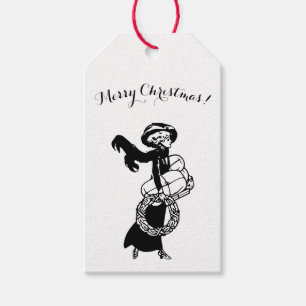 Vintage-Weihnachten elegante Einkaufsmädchen schwa Geschenkanhänger