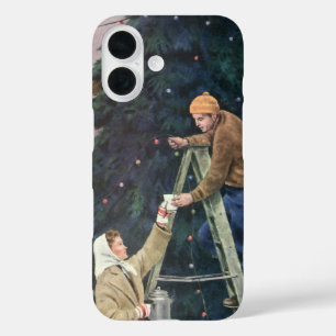 Vintage Weihnachten, Familie beim Aufhängen von Li iPhone 16 Hülle