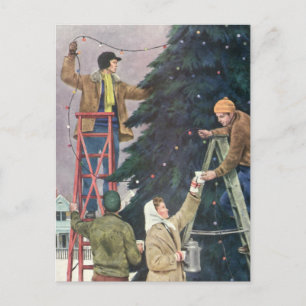 Vintage Weihnachten, Familie beim Aufhängen von Li Feiertagspostkarte