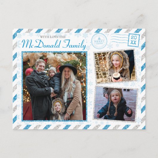 Vintage Weihnachten Familie Foto Glitzer Luftpost Postkarte (Vorderseite)