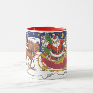 Vintage Weihnachten, fröhlicher Weihnachtsmann mit Tasse